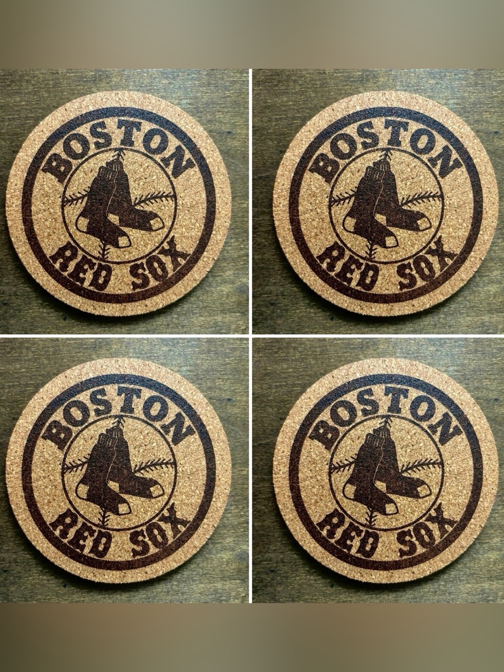 Boston Red Sox Laser Engraved Cork Coasters Lot of 4